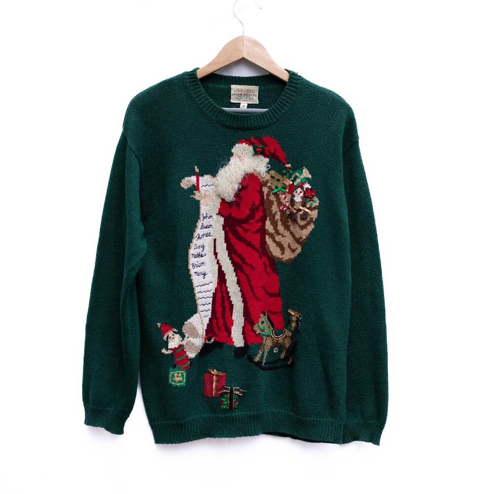 Susan Bristol Christmas Sweater M – Santa Embroidered 90s Green Holiday‎ Knit